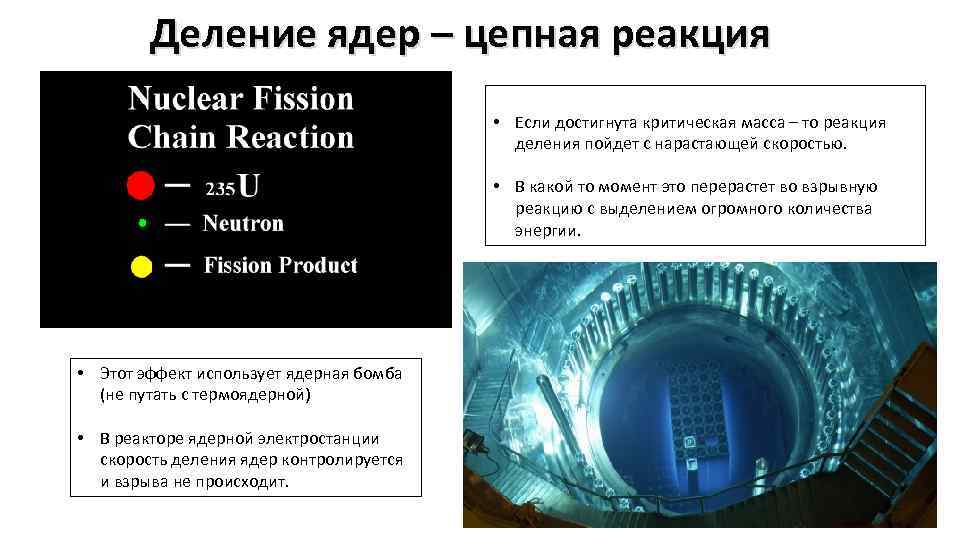 Деление ядер – цепная реакция • Если достигнута критическая масса – то реакция деления