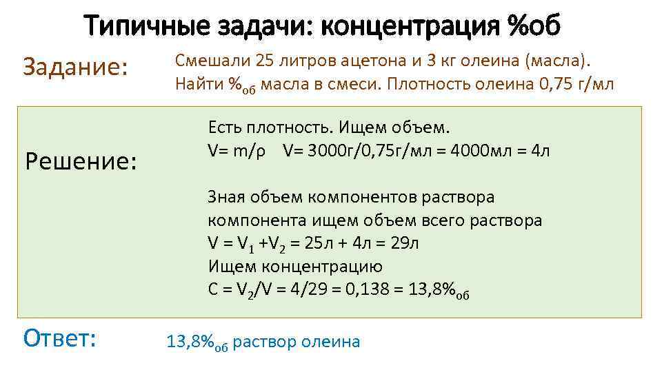 Типичные задачи: концентрация %об Задание: Решение: Смешали 25 литров ацетона и 3 кг олеина