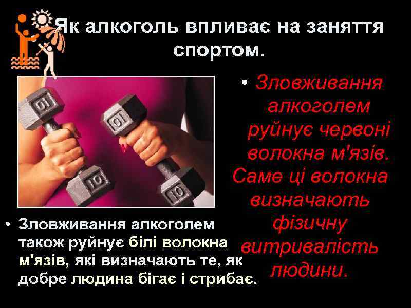 Як алкоголь впливає на заняття спортом. • • Зловживання алкоголем руйнує червоні волокна м'язів.