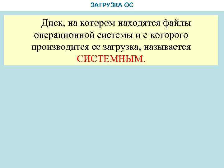 ЗАГРУЗКА ОС Диск, на котором находятся файлы операционной системы и с которого производится ее