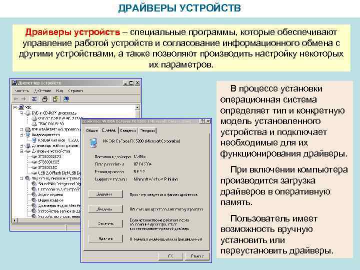 ДРАЙВЕРЫ УСТРОЙСТВ Драйверы устройств – специальные программы, которые обеспечивают управление работой устройств и согласование