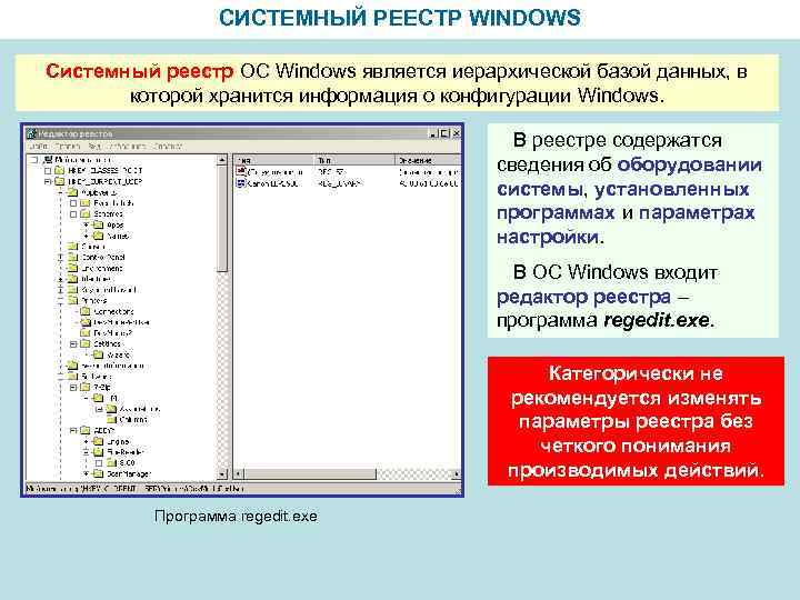 СИСТЕМНЫЙ РЕЕСТР WINDOWS Системный реестр ОС Windows является иерархической базой данных, в которой хранится