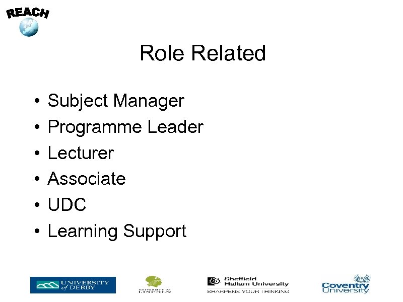 Role Related • • • Subject Manager Programme Leader Lecturer Associate UDC Learning Support