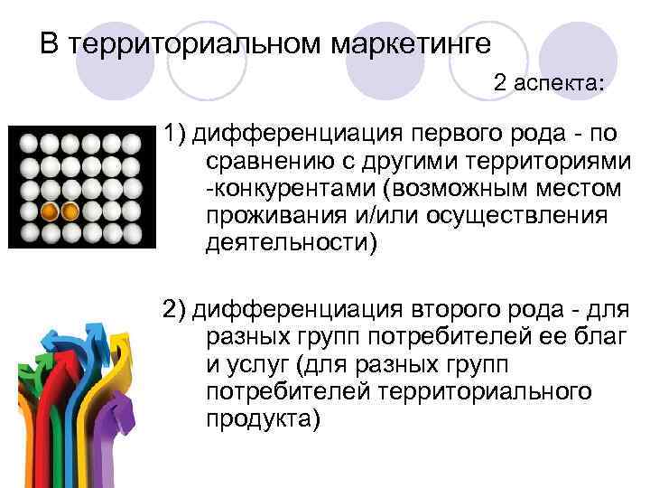 В территориальном маркетинге 2 аспекта: 1) дифференциация первого рода по сравнению с другими территориями