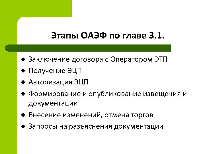 Этапы ОАЭФ по главе 3. 1. l l l Заключение договора с Оператором ЭТП