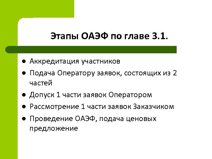 Этапы ОАЭФ по главе 3. 1. l l l Аккредитация участников Подача Оператору заявок,