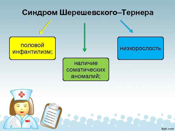 Синдром Шерешевского–Тернера половой инфантилизм; низкорослость наличие соматических аномалий; 