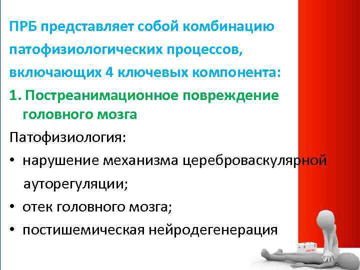 ПРБ представляет собой комбинацию патофизиологических процессов, включающих 4 ключевых компонента: 1. Постреанимационное повреждение головного