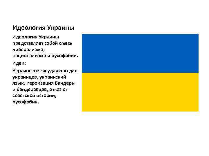 Идеология Украины представляет собой смесь либерализма, национализма и русофобии. Идеи: Украинское государство для украинцев,