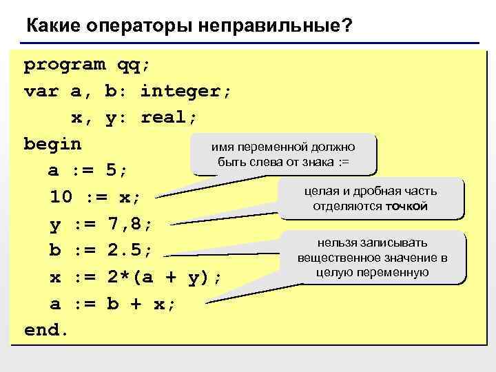 Какие операторы неправильные? program qq; var a, b: integer; x, y: real; begin имя