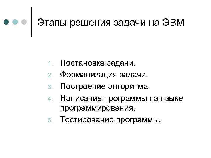 Этапы решения задачи на ЭВМ 1. 2. 3. 4. 5. Постановка задачи. Формализация задачи.