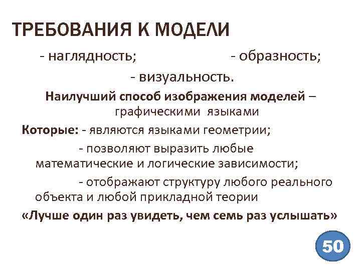 ТРЕБОВАНИЯ К МОДЕЛИ - наглядность; - образность; - визуальность. Наилучший способ изображения моделей –