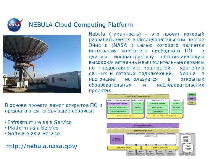 NEBULA Cloud Computing Platform Nebula (туманность) – это проект который разрабатывается в Исследовательском центре
