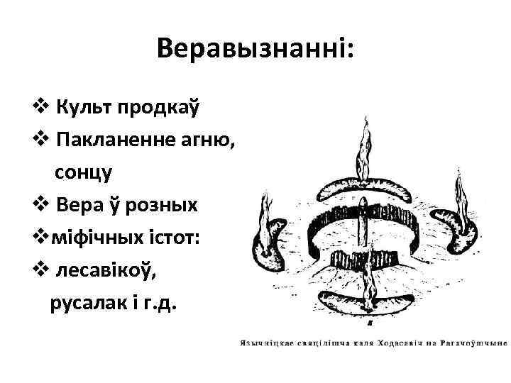 Веравызнанні: v Культ продкаў v Пакланенне агню, сонцу v Вера ў розных vміфічных істот: