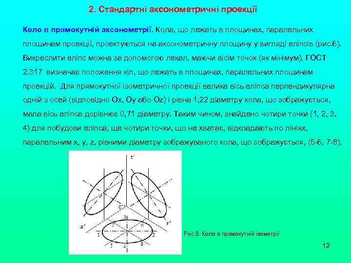 2. Стандартні аксонометричні проекції Коло в прямокутній аксонометрії. Кола, що лежать в площинах, паралельних