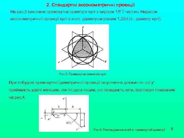 2. Стандартні аксонометричні проекції На рис. 3 виконана прямокутна ізометрія кулі з вирізом 1/8