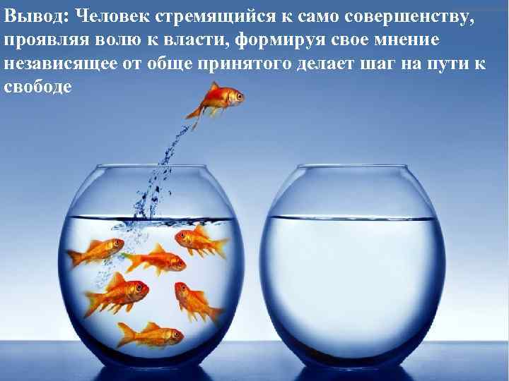 Вывод: Человек стремящийся к само совершенству, проявляя волю к власти, формируя свое мнение независящее