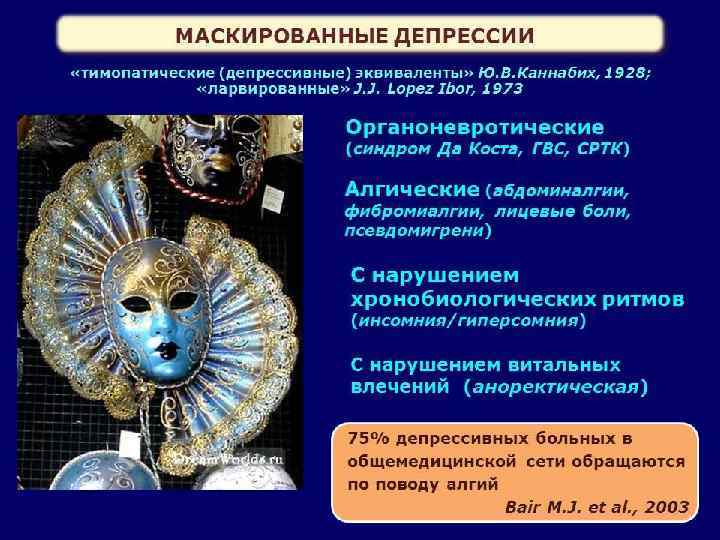 МАСКИРОВАННЫЕ ДЕПРЕССИИ «тимопатические (депрессивные) эквиваленты» Ю. В. Каннабих, 1928; «ларвированные» J. J. Lopez Ibor,