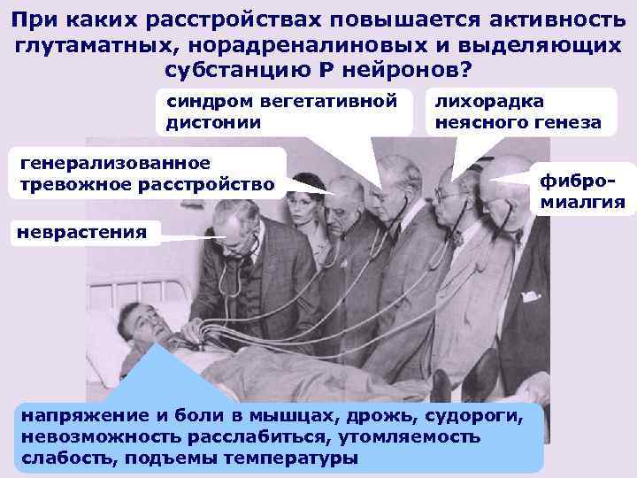 При каких расстройствах повышается активность глутаматных, норадреналиновых и выделяющих субстанцию P нейронов? синдром вегетативной
