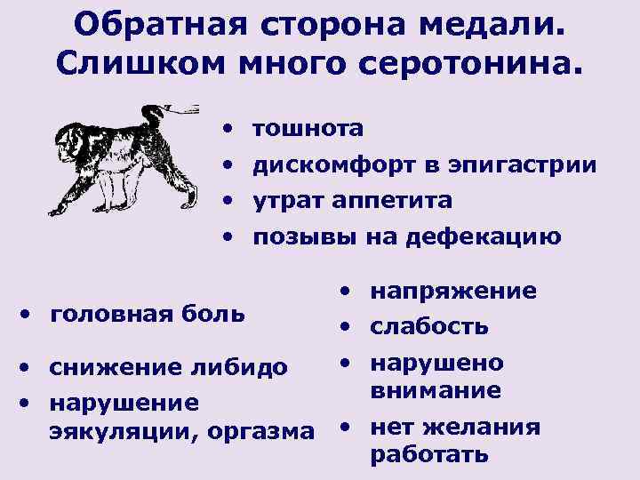 Обратная сторона медали. Слишком много серотонина. • тошнота • дискомфорт в эпигастрии • утрат
