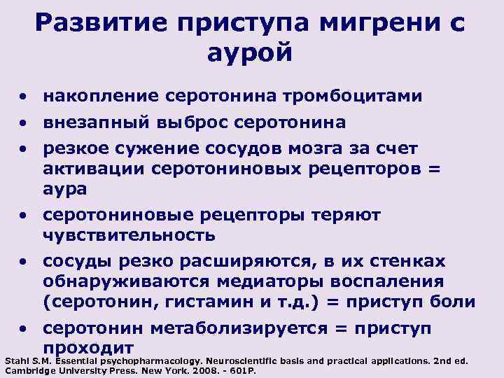 Развитие приступа мигрени с аурой • накопление серотонина тромбоцитами • внезапный выброс серотонина •