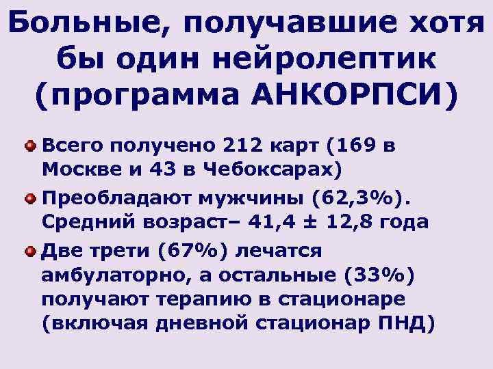 Больные, получавшие хотя бы один нейролептик (программа АНКОРПСИ) Всего получено 212 карт (169 в
