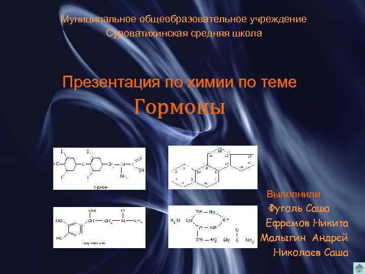 Муниципальное общеобразовательное учреждение Суроватихинская средняя школа Презентация по химии по теме Гормоны Выполнили Фуголь