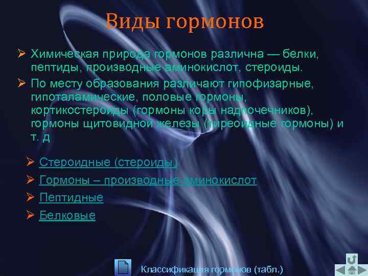 Виды гормонов Ø Химическая природа гормонов различна — белки, пептиды, производные аминокислот, стероиды. Ø