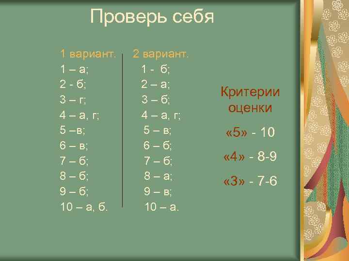 Проверь себя 1 вариант. 1 – а; 2 - б; 3 – г; 4