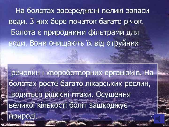 На болотах зосереджені великі запаси води. З них бере початок багато річок. Болота є