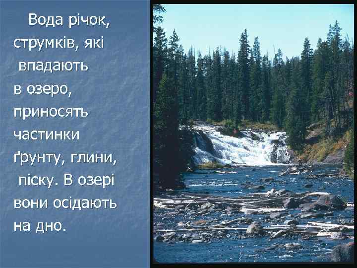 Вода річок, струмків, які впадають в озеро, приносять частинки ґрунту, глини, піску. В озері