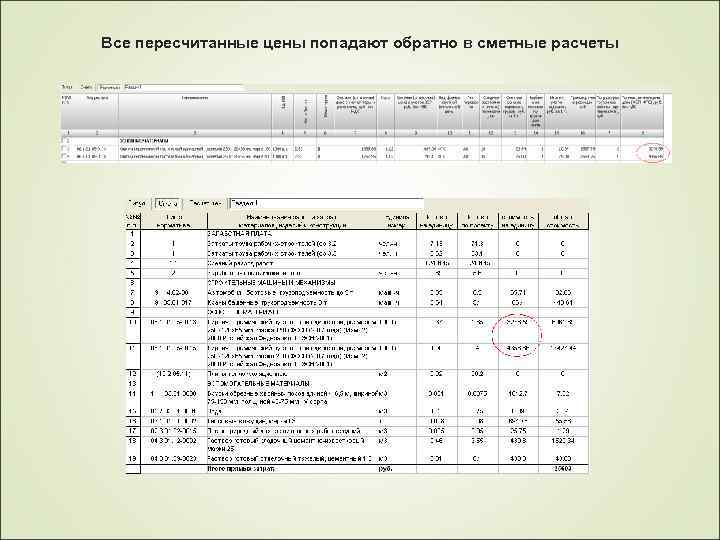Все пересчитанные цены попадают обратно в сметные расчеты 