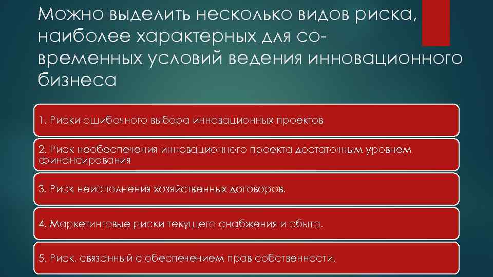 Можно выделить несколько видов риска, наиболее характерных для современных условий ведения инновационного бизнеса 1.
