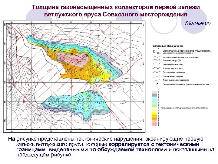 Толщина газонасыщенных коллекторов первой залежи ветлужского яруса Совхозного месторождения Калмыкия На рисунке представлены тектонические