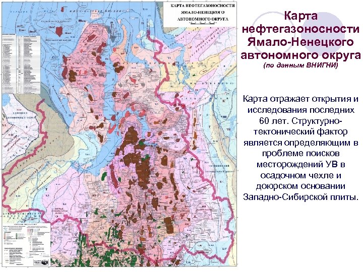 Карта нефтегазоносности Ямало-Ненецкого автономного округа (по данным ВНИГНИ) Карта отражает открытия и исследования последних