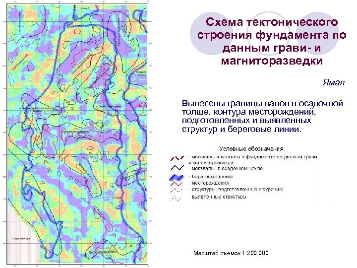 Схема тектонического строения фундамента по данным грави- и магниторазведки Ямал Вынесены границы валов в