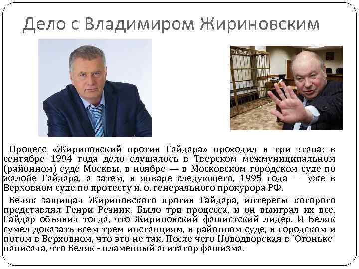 Дело с Владимиром Жириновским Процесс «Жириновский против Гайдара» проходил в три этапа: в сентябре