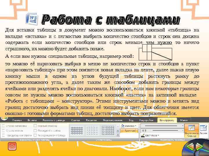 Работа с таблицами Для вставки таблицы в документ можно воспользоваться кнопкой «таблица» на вкладке