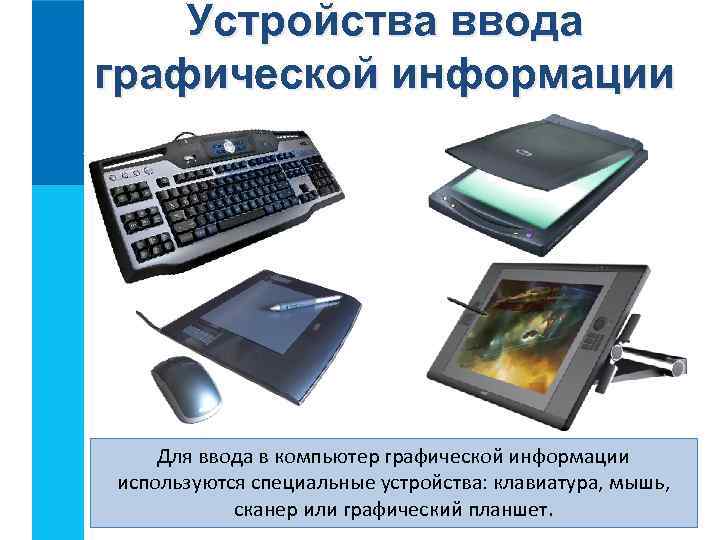 Устройства ввода графической информации Для ввода в компьютер графической информации используются специальные устройства: клавиатура,