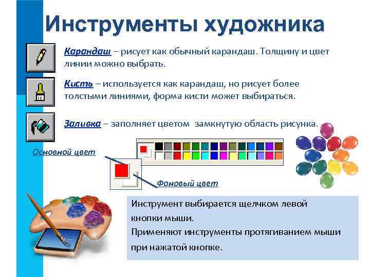 Инструменты художника Карандаш – рисует как обычный карандаш. Толщину и цвет линии можно выбрать.