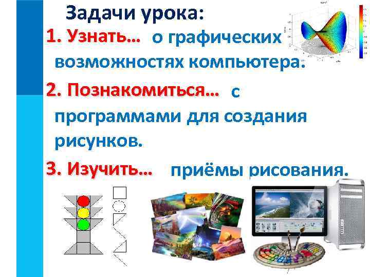 Задачи урока: 1. Узнать… о графических возможностях компьютера. 2. Познакомиться… с программами для создания