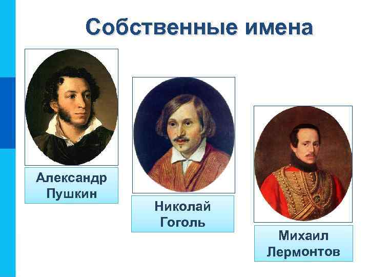 Собственные имена Александр Пушкин Николай Гоголь Михаил Лермонтов 