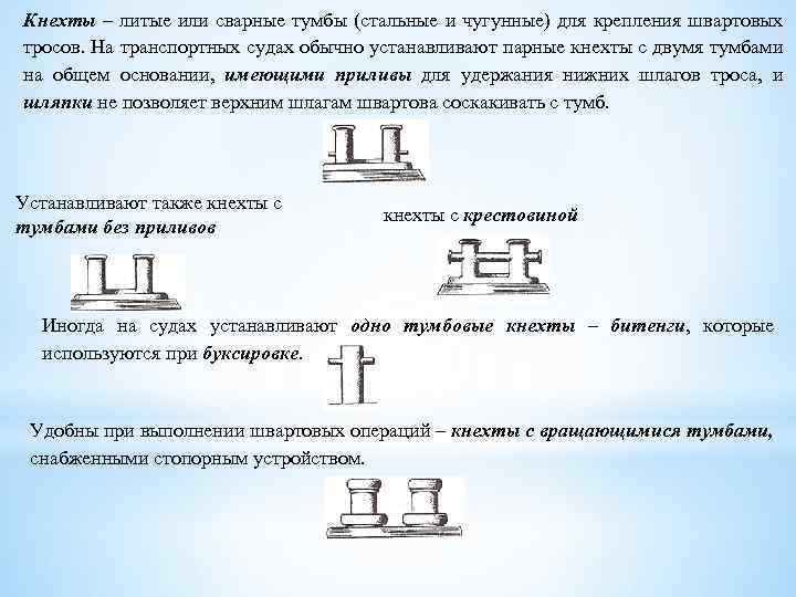 Кнехты – литые или сварные тумбы (стальные и чугунные) для крепления швартовых тросов. На