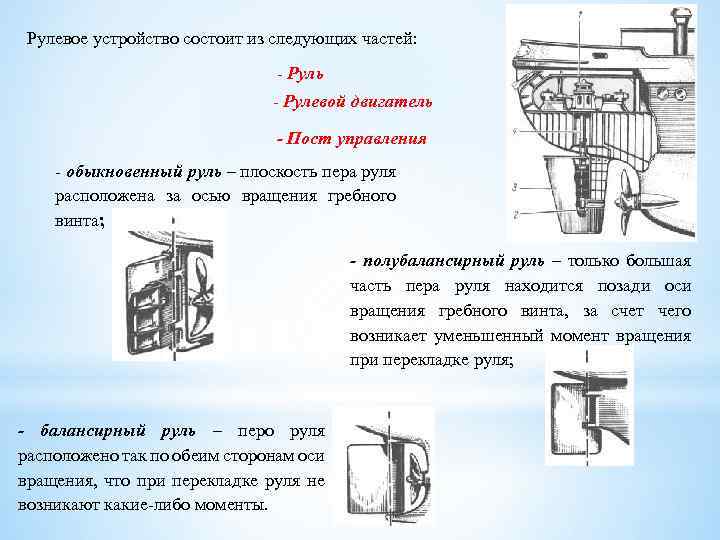 Рулевое устройство состоит из следующих частей: - Руль - Рулевой двигатель - Пост управления