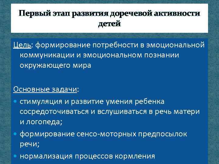 Первый этап развития доречевой активности детей Цель: формирование потребности в эмоциональной коммуникации и эмоциональном