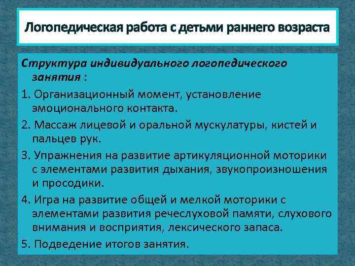 Логопедическая работа с детьми раннего возраста Структура индивидуального логопедического занятия : 1. Организационный момент,