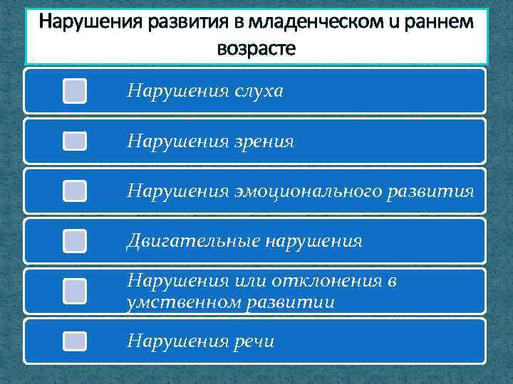 Нарушения развития в младенческом u раннем возрасте Нарушения слуха Нарушения зрения Нарушения эмоционального развития