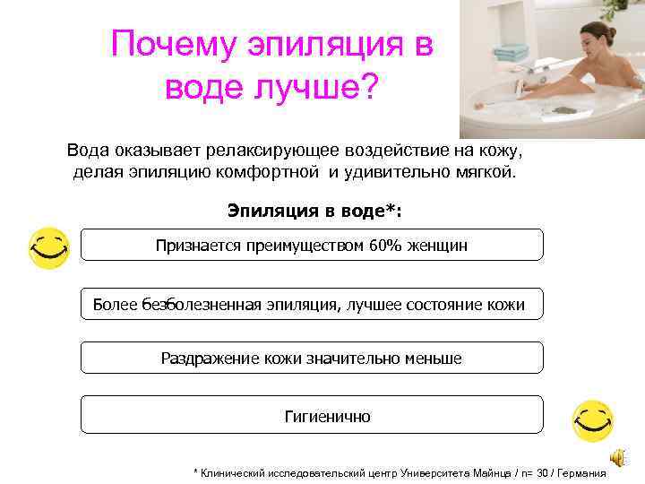 Почему эпиляция в воде лучше? Вода оказывает релаксирующее воздействие на кожу, делая эпиляцию комфортной