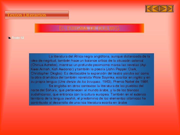 Textos Literarios EL ENIGMA DE DULWIG Texto 12 La literatura del África negra anglófona,