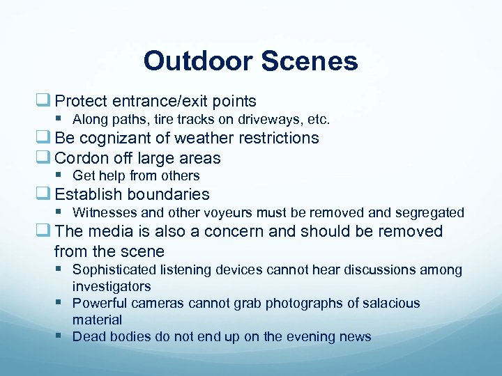 Outdoor Scenes q Protect entrance/exit points § Along paths, tire tracks on driveways, etc.